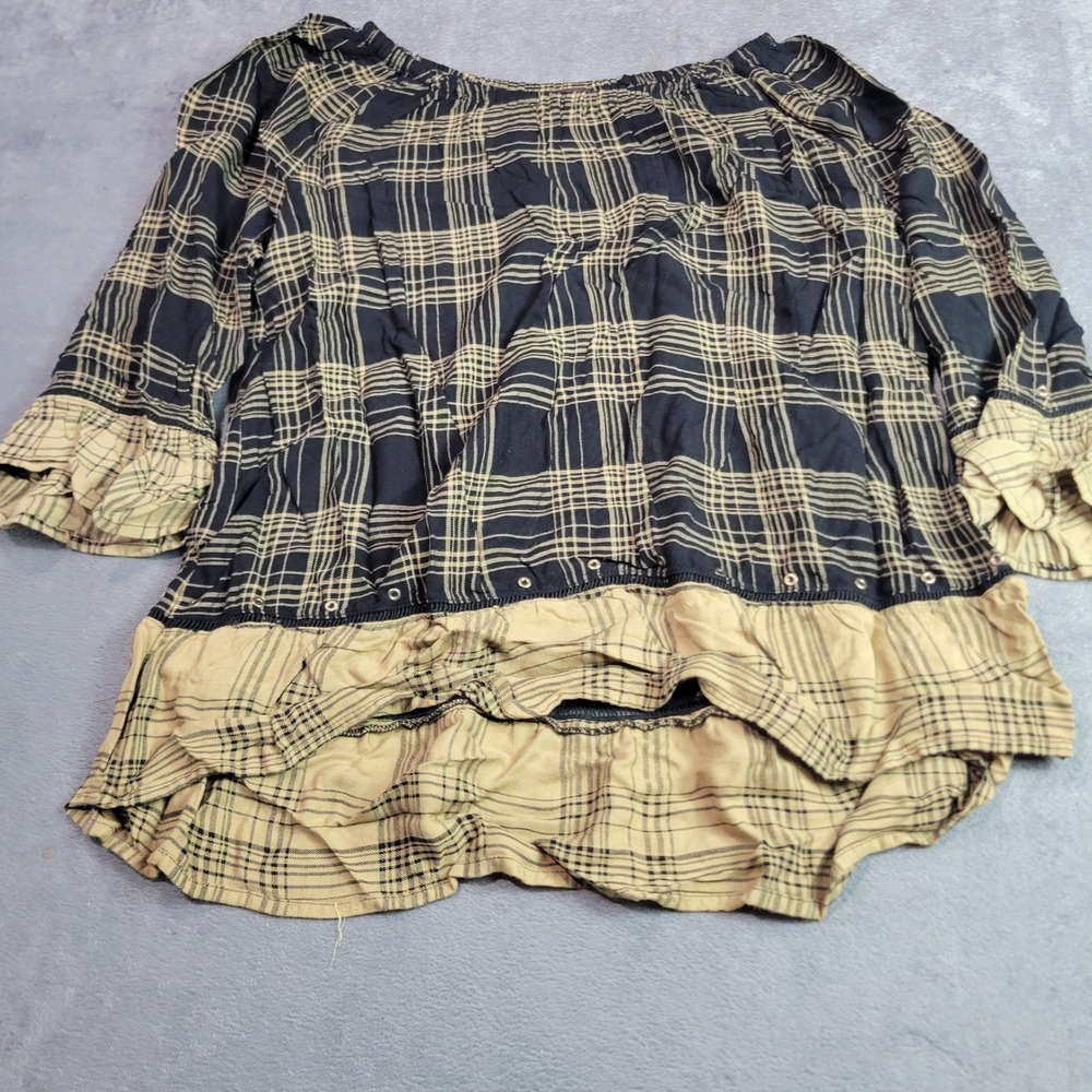 Multiples Blouse Women Large Black Tan Plaid Peasant Boho Grommet‎ Ruffle Top